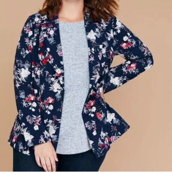 Lane Bryant Navy Floral Faux Pockets Single Button Closure Blazer sz 26 - Picture 14 of 14